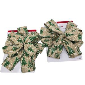 Two (2) Christmas Tree Bows Rustic Burlap Texture w. Snowy Pine Tree Print NWT